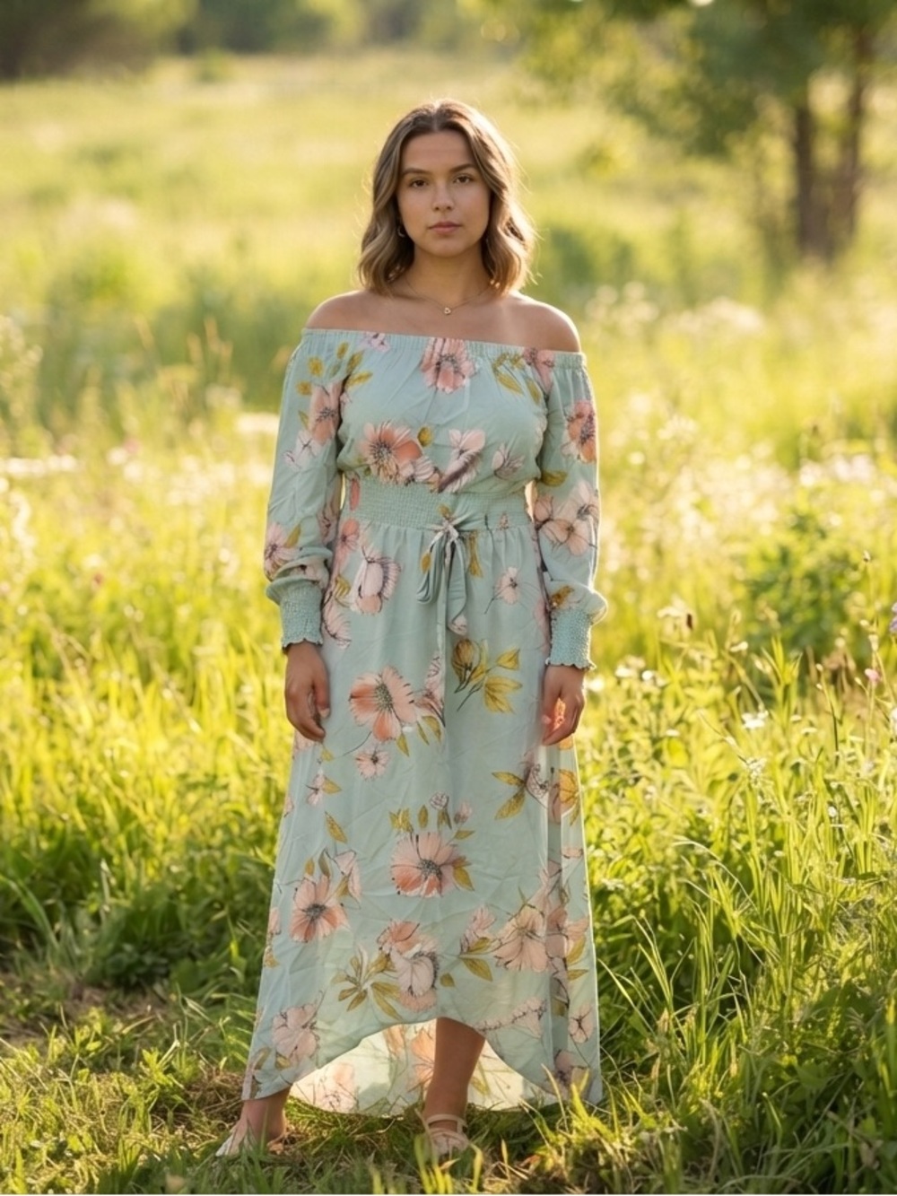 Women's Floral Off-Shoulder Midi Dress - Mint Pink Floral